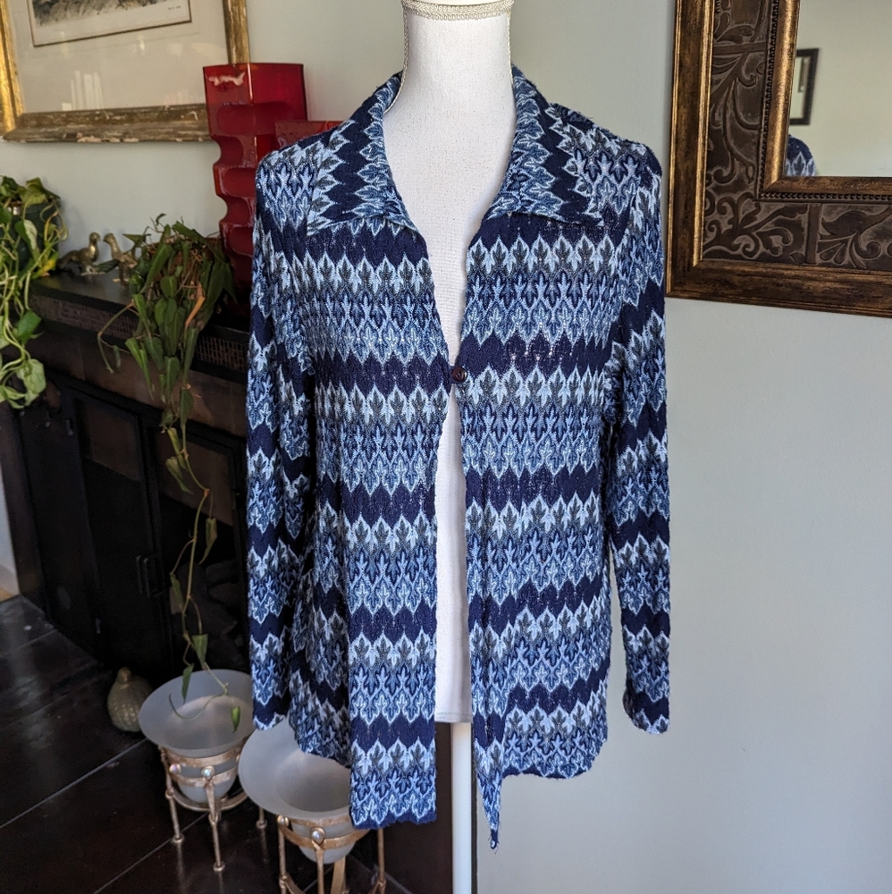 90s Boho Blue Crochet Cardigan Wrap Yop Women's Large One Button Front 139